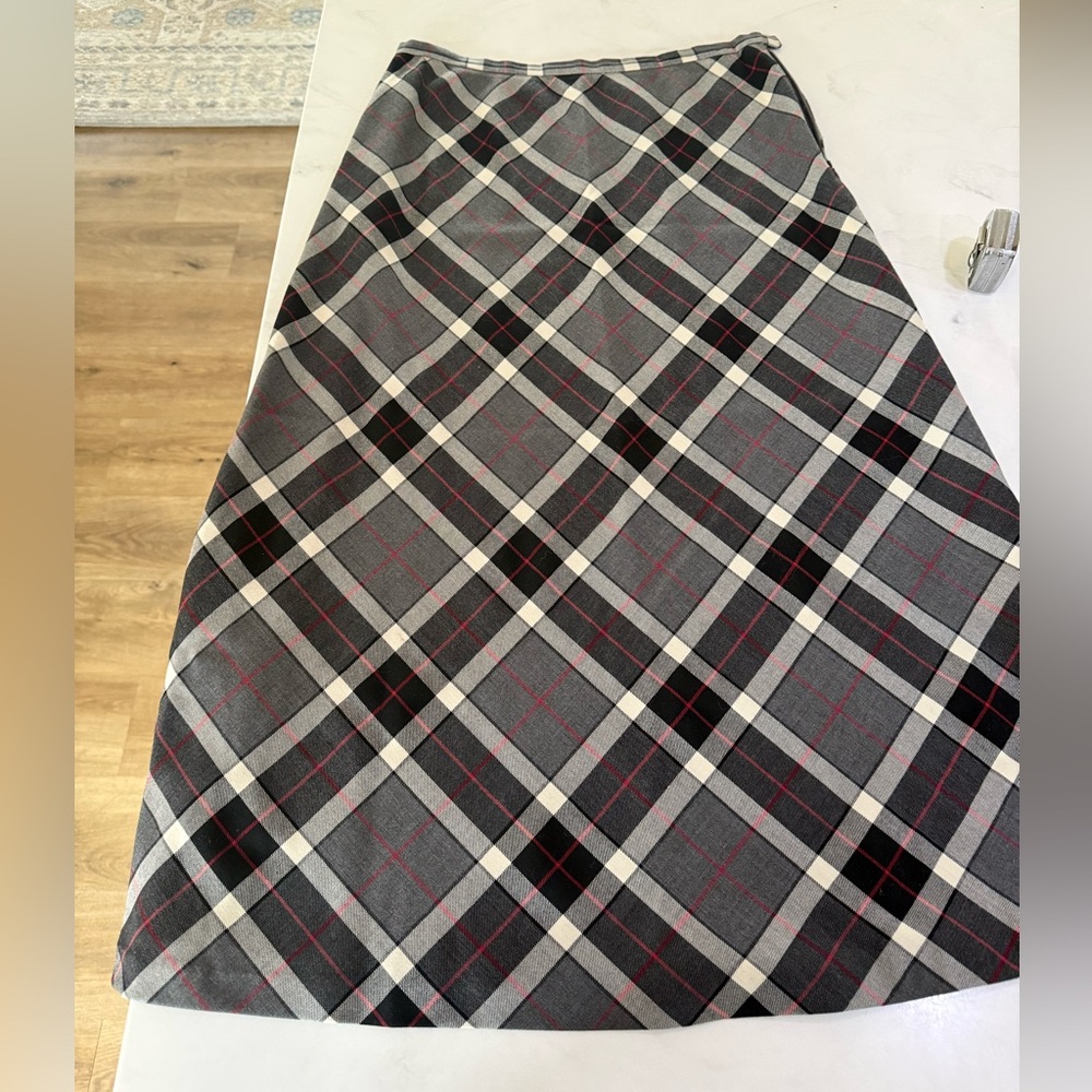 Charter Club Plaid A-Line Skirt - Gray, Black, and Red wool, lightweight.